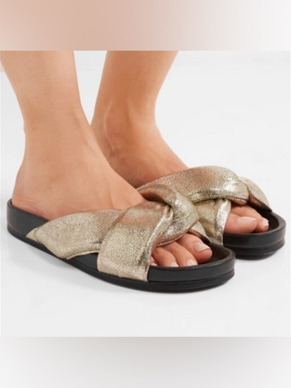 Chloe Nolan Crisscross Gold Metallic Leather Slide Sandals Size 35 Made in Italy